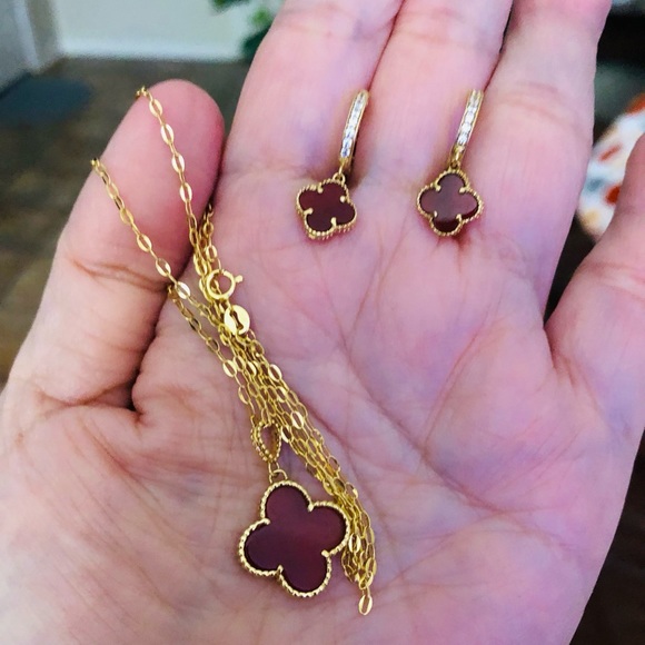 18K Saudi Gold Red Carnelian Necklace & Earrings Set - Picture 6 of 7